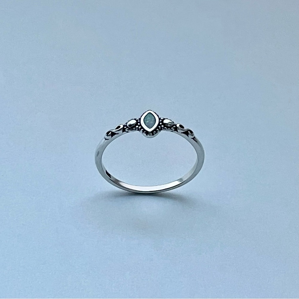 Sterling Silver Minimalist Diamond Shape White Lab Opal Ring, October Birthstone